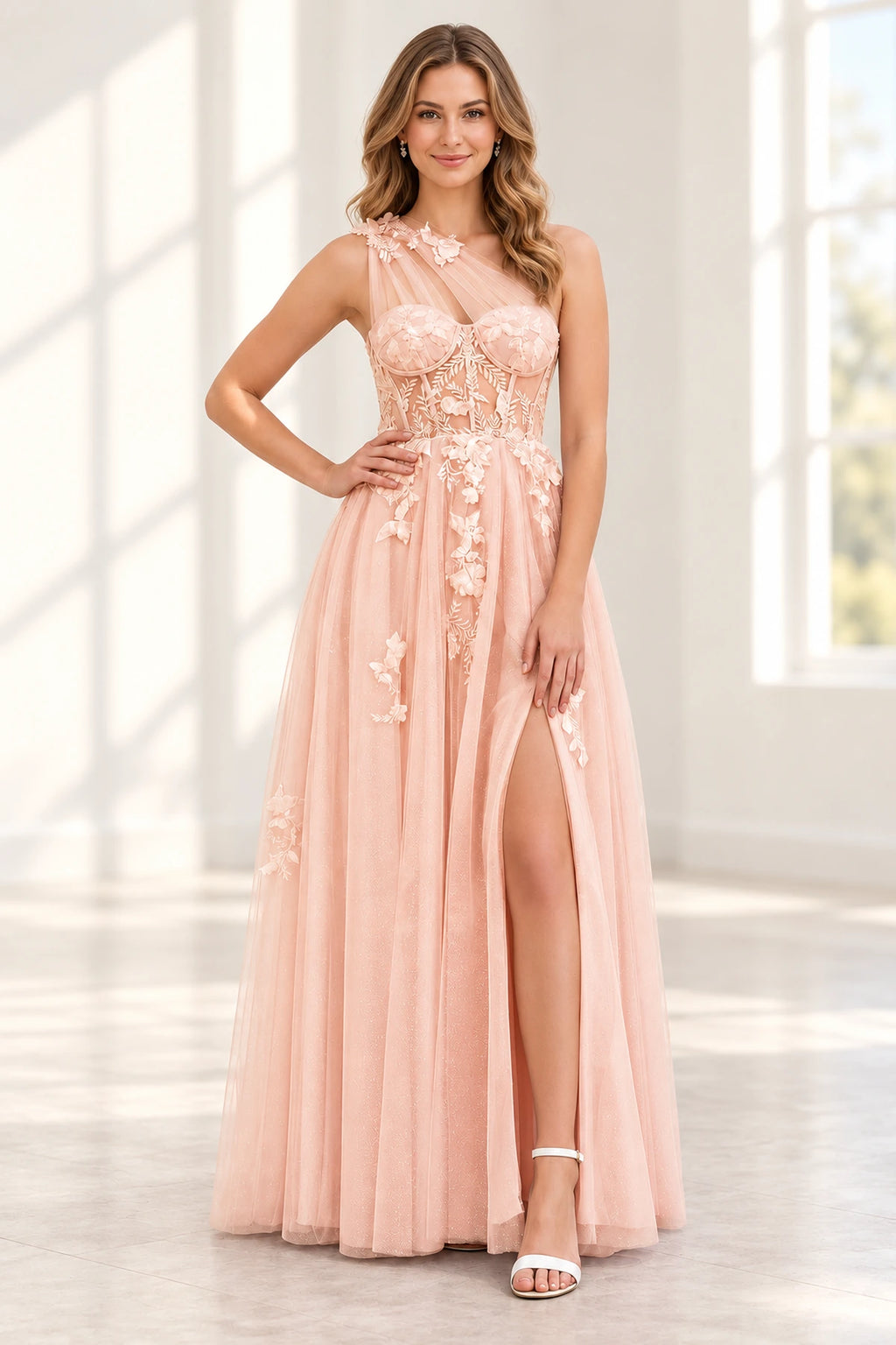 Romantic Tulle A Line Sweetheart One Shoulder Floral Long Prom Dress