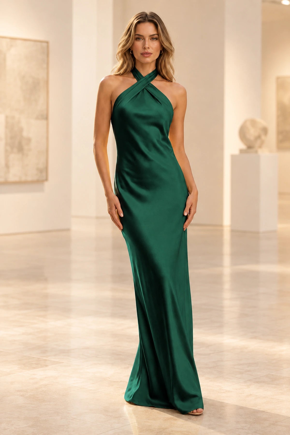 Elegant Satin Sheath Halter Sleeveless Bow-Back Floor-Length  Prom Dress
