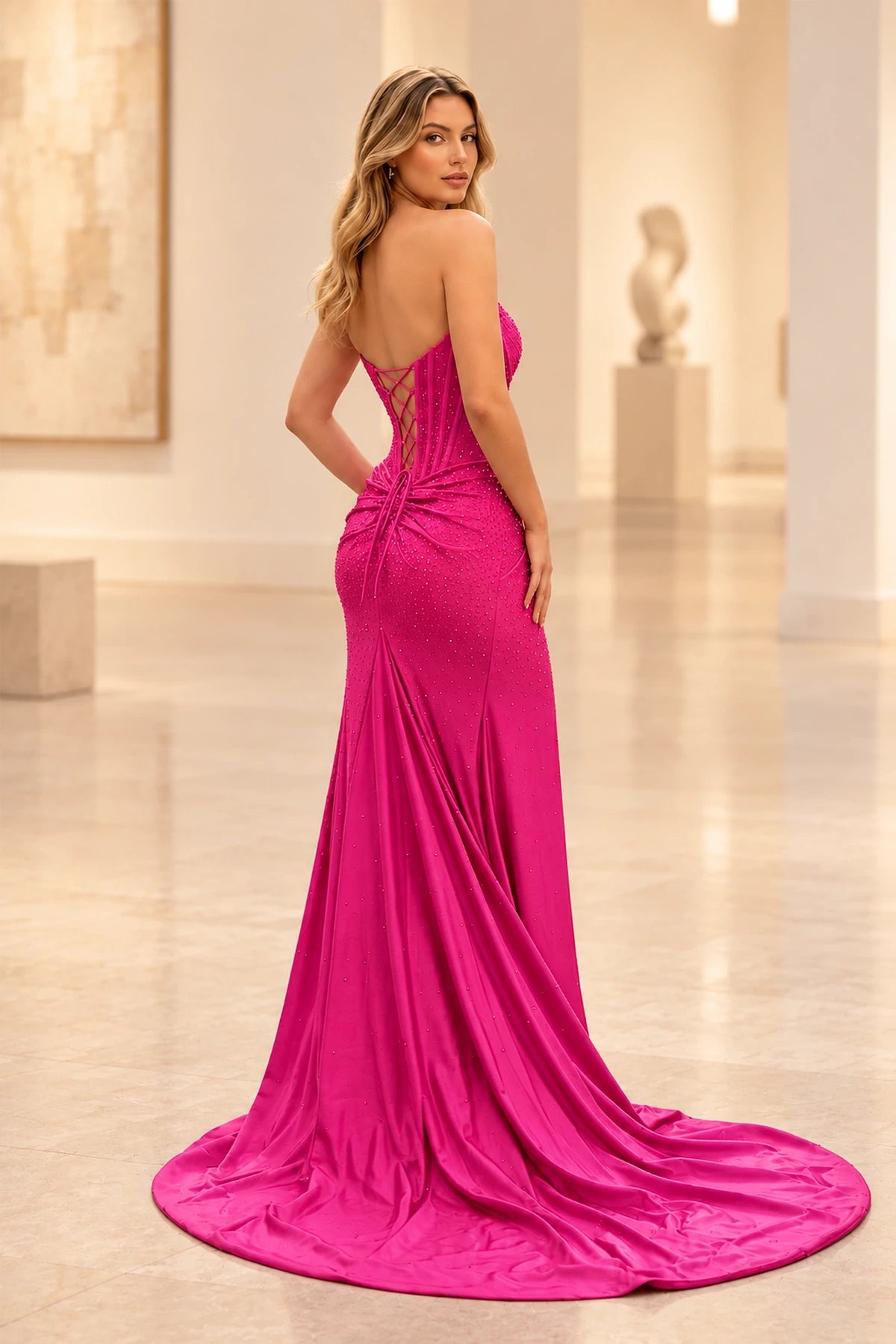 Elegant Satin Mermaid Strapless Corset Beaded Lace-Up Back Prom Dress