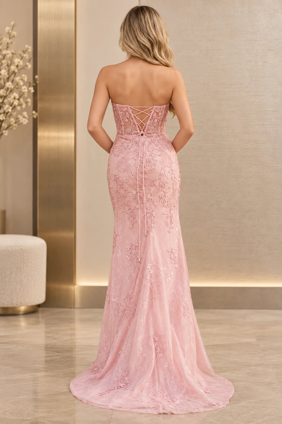 Elegant Lace Applique Mermaid Sweetheart Strapless Corset Lace-Up Back Long Prom Dress