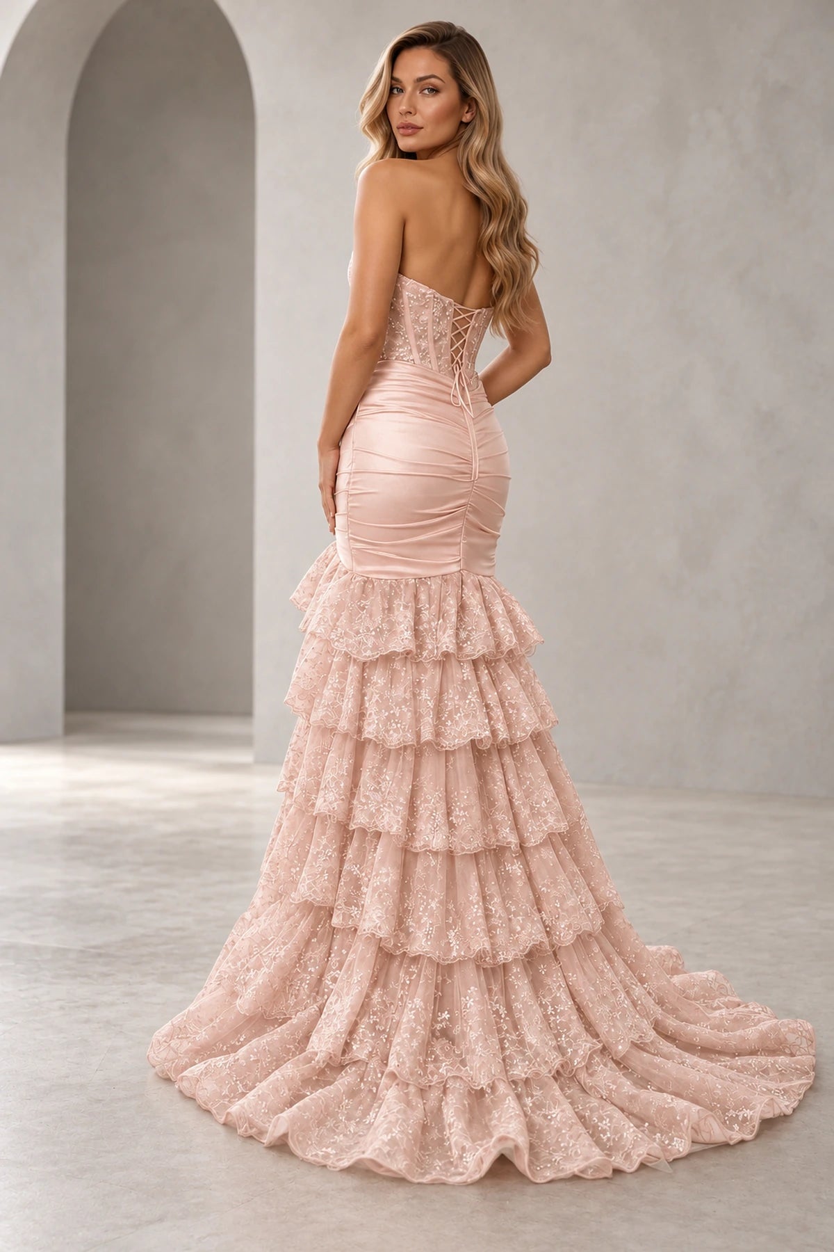 Glamorous Sequin Mermaid Sweetheart Strapless Corset Ruffle Prom Dress