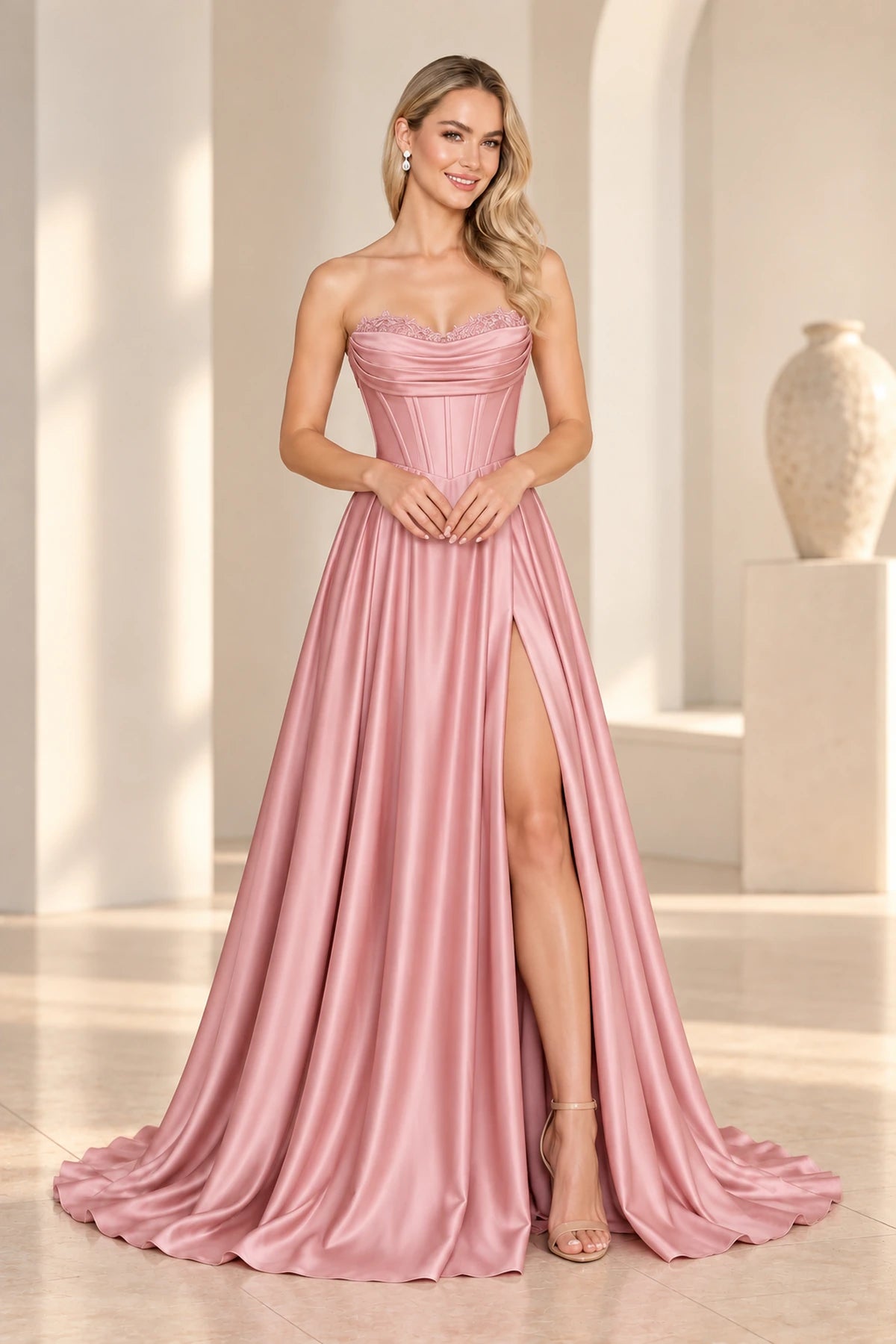 Dreamy Satin Look A Line Strapless Corset Long Prom Dress