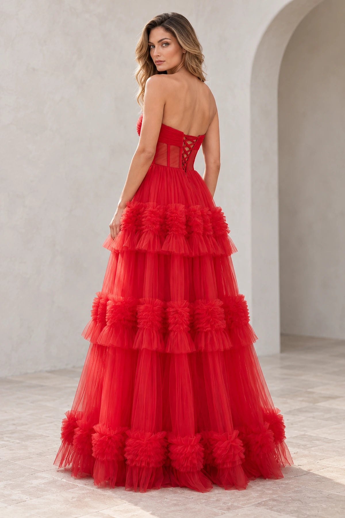 Dreamy Tulle A Line Straight Neck Strapless Tiered Long Prom Dress
