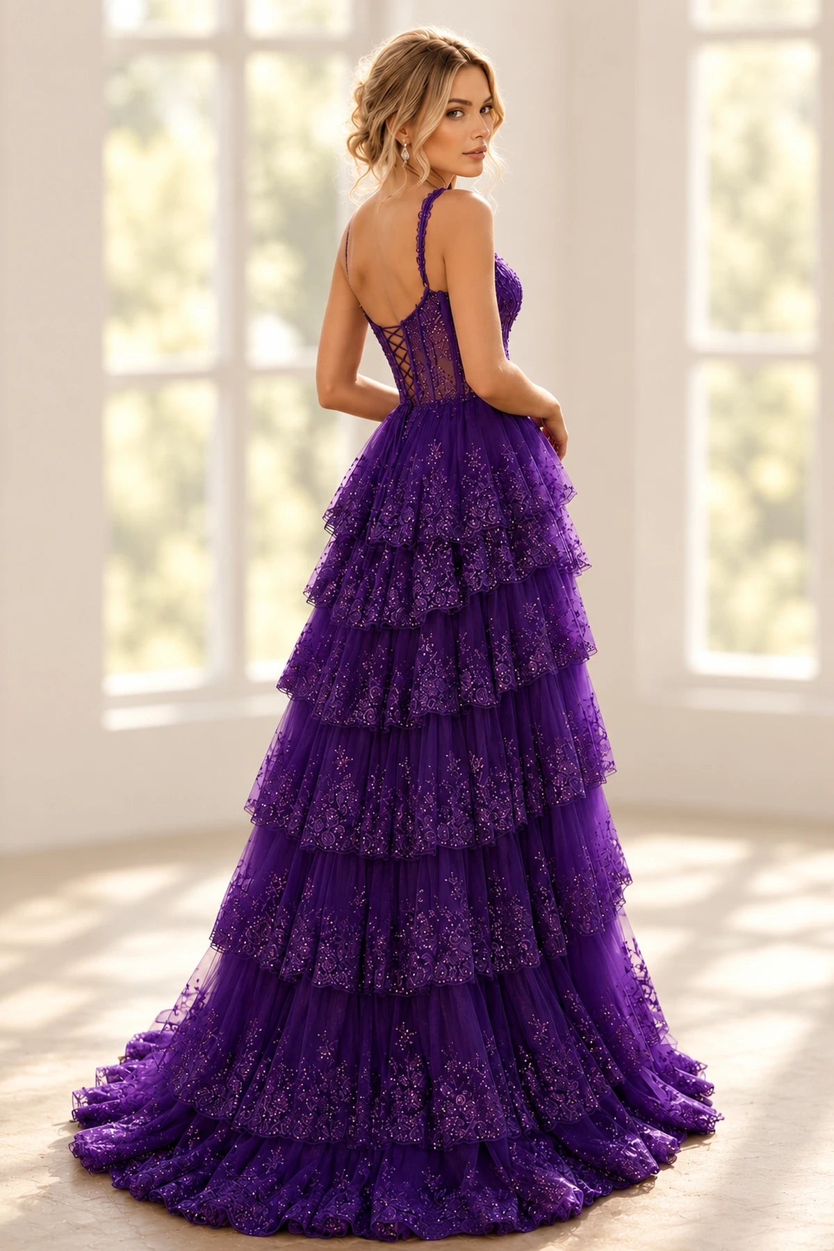Elegant Tulle Floral Lace A-Line Sweetheart Corset Lace-Up Back Prom Dress