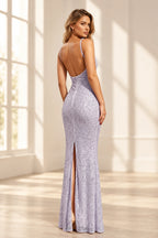 Elegant Sequin Sheath Scoop Neck Spaghetti Strap Open Back Long Prom Dress