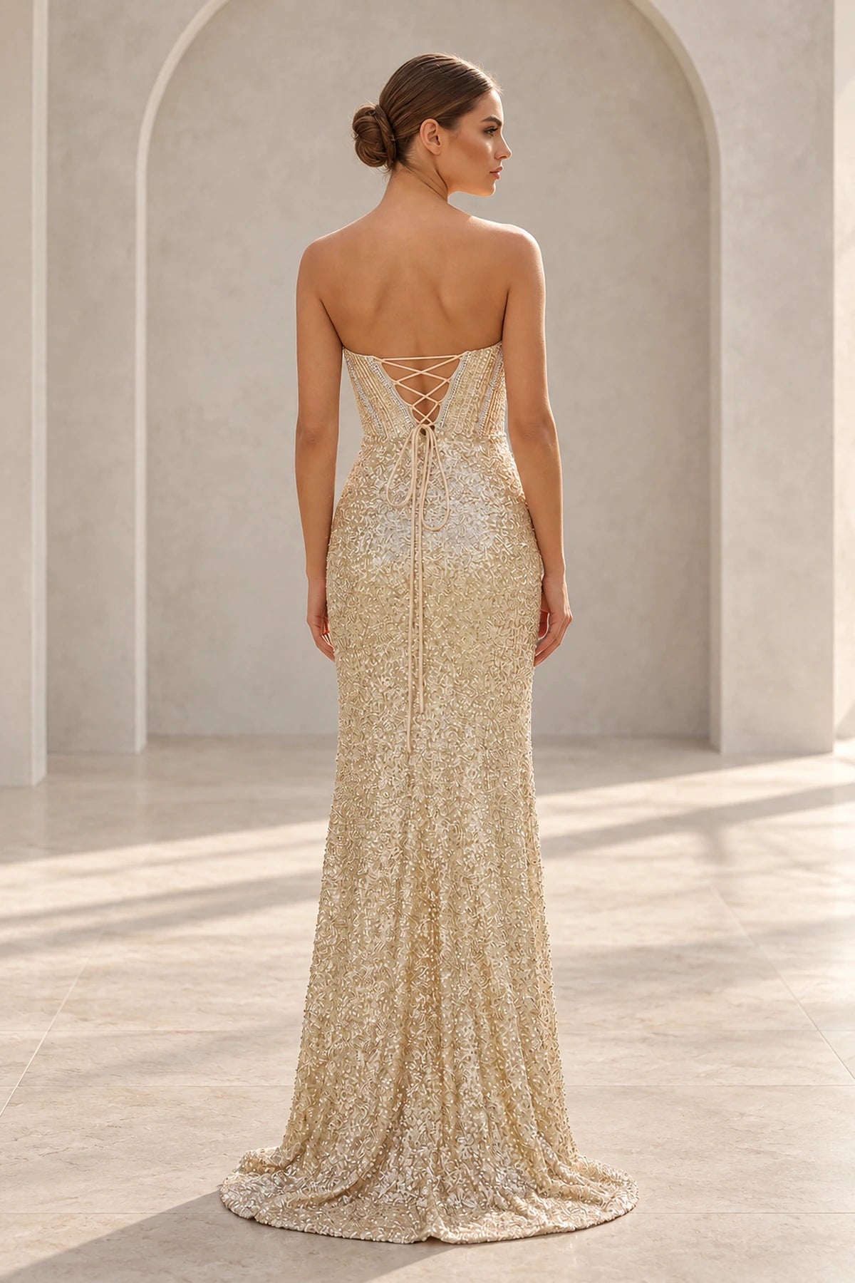 Elegant Sequin Mermaid Sweetheart Strapless Corset Lace-Up Back Prom Dress