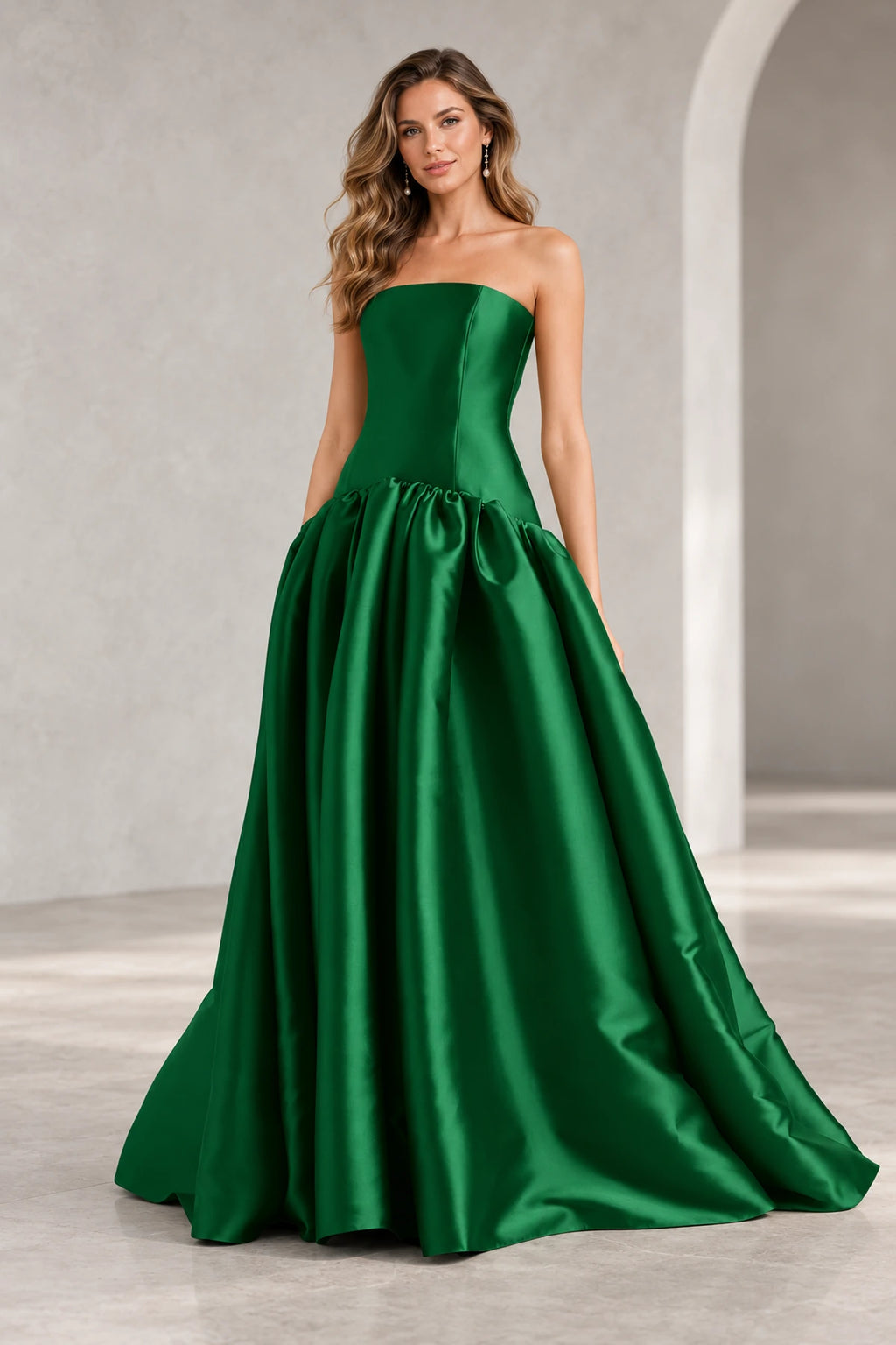 Romantic A Line Straight Neck Strapless Drop Waist Long Prom Dress