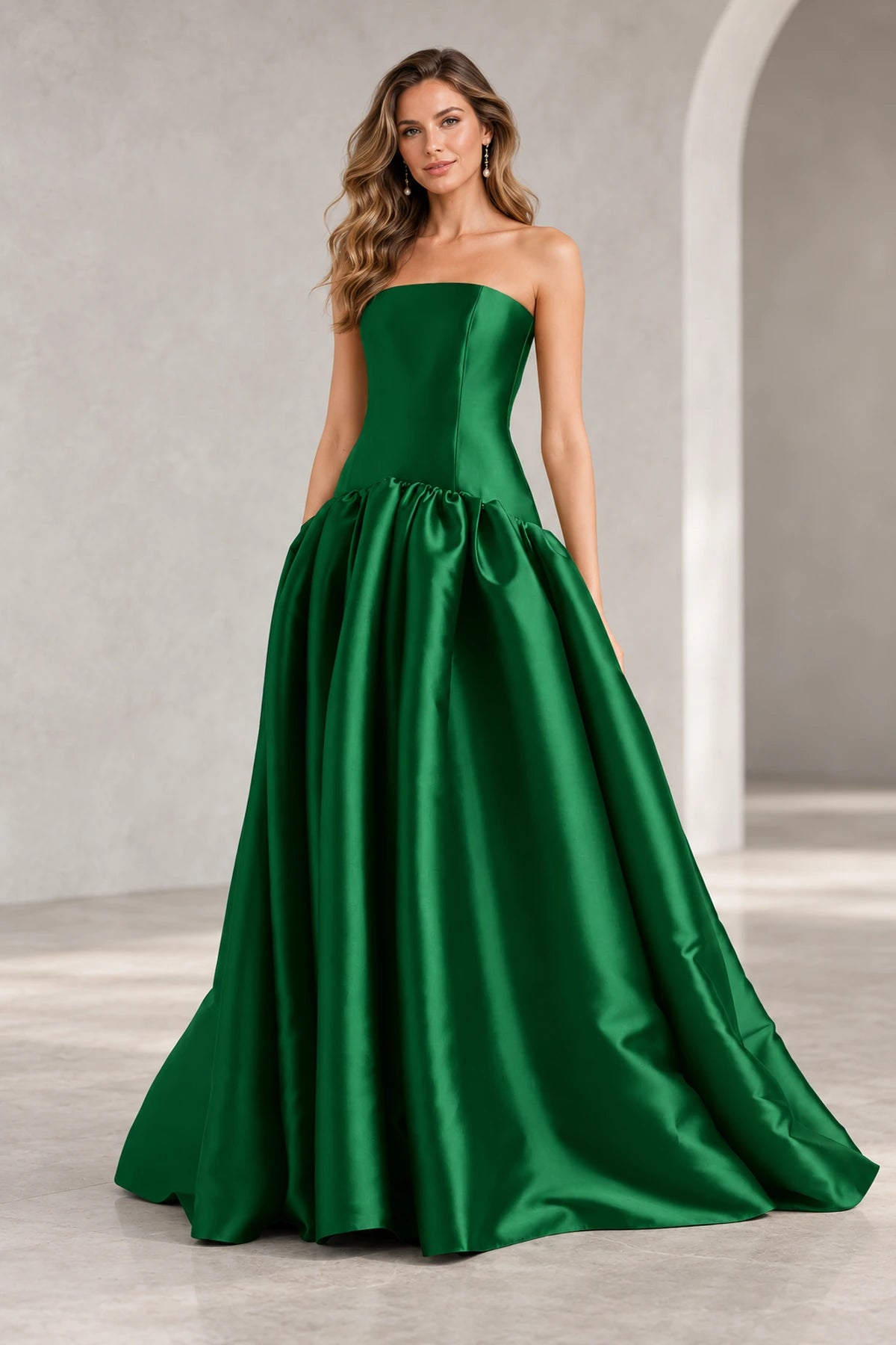 Romantic A Line Straight Neck Strapless Drop Waist Long Prom Dress