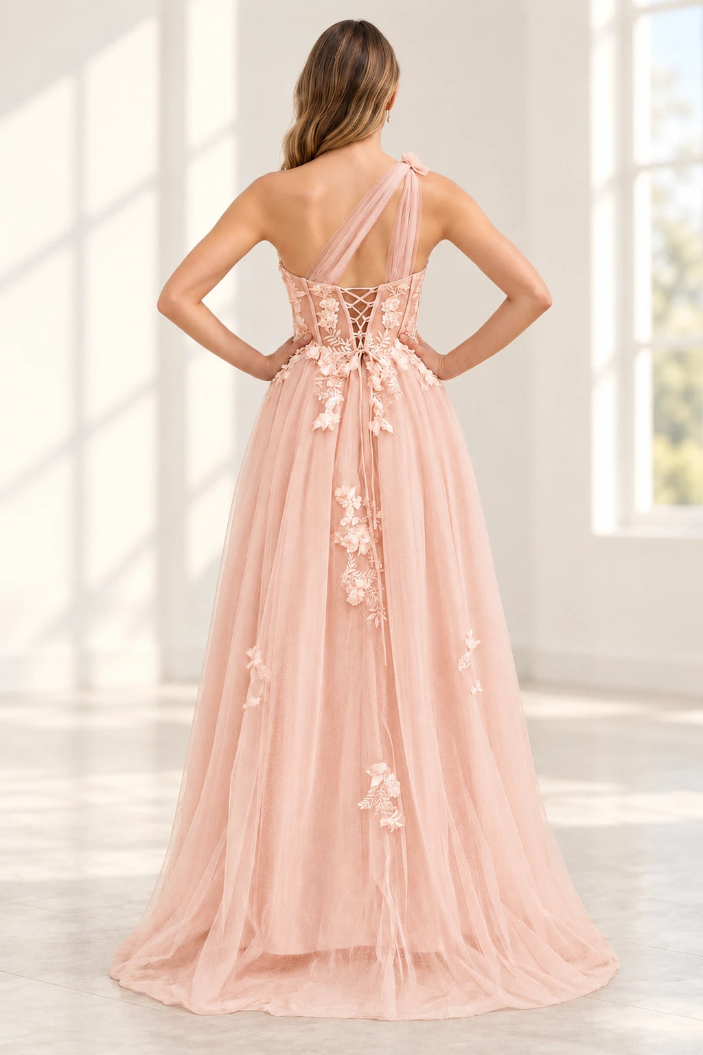 Romantic Tulle A Line Sweetheart One Shoulder Floral Long Prom Dress