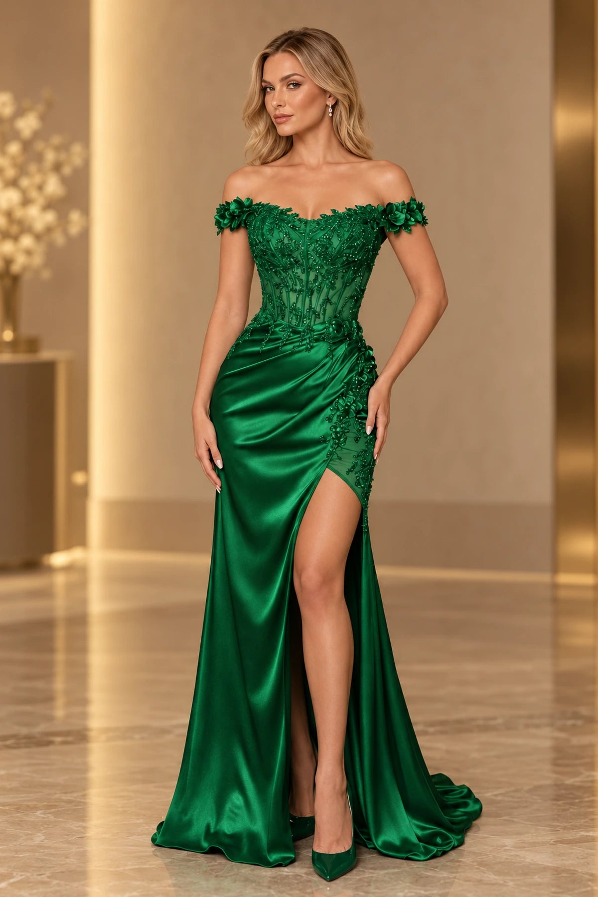 Elegant Satin Mermaid Off Shoulder Floral Applique Corset Lace-Up Back Prom Dress