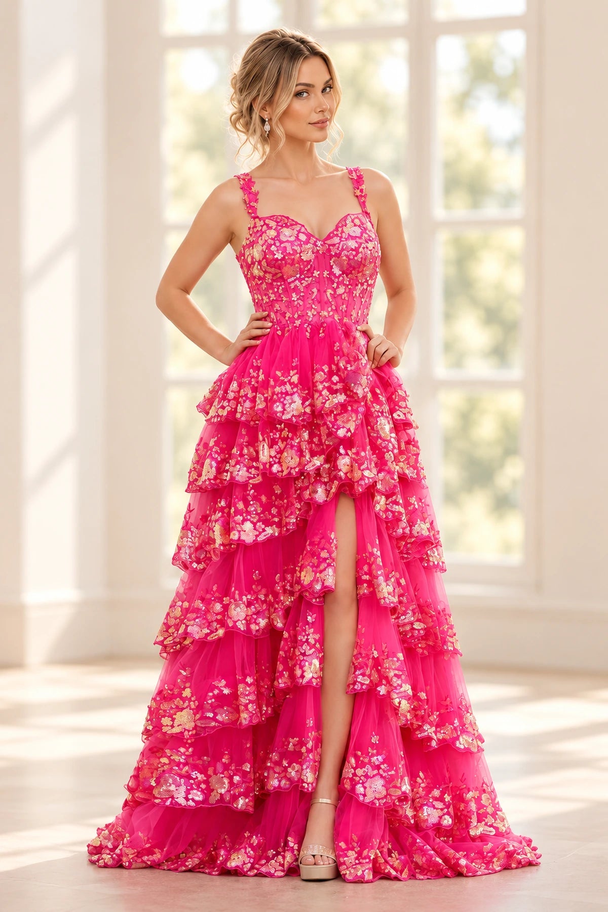 Elegant Tulle Floral Lace A-Line Sweetheart Corset Lace-Up Back Prom Dress