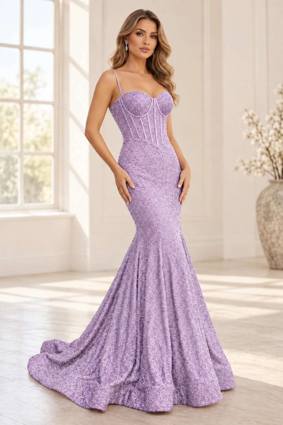 Glamorous Sequin Mermaid Sweetheart Spaghetti Strap Corset Lace-Up Back Prom Dress
