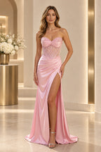 Elegant Satin Mermaid Sweetheart Strapless Corset Lace-Up Back Long Prom Dress