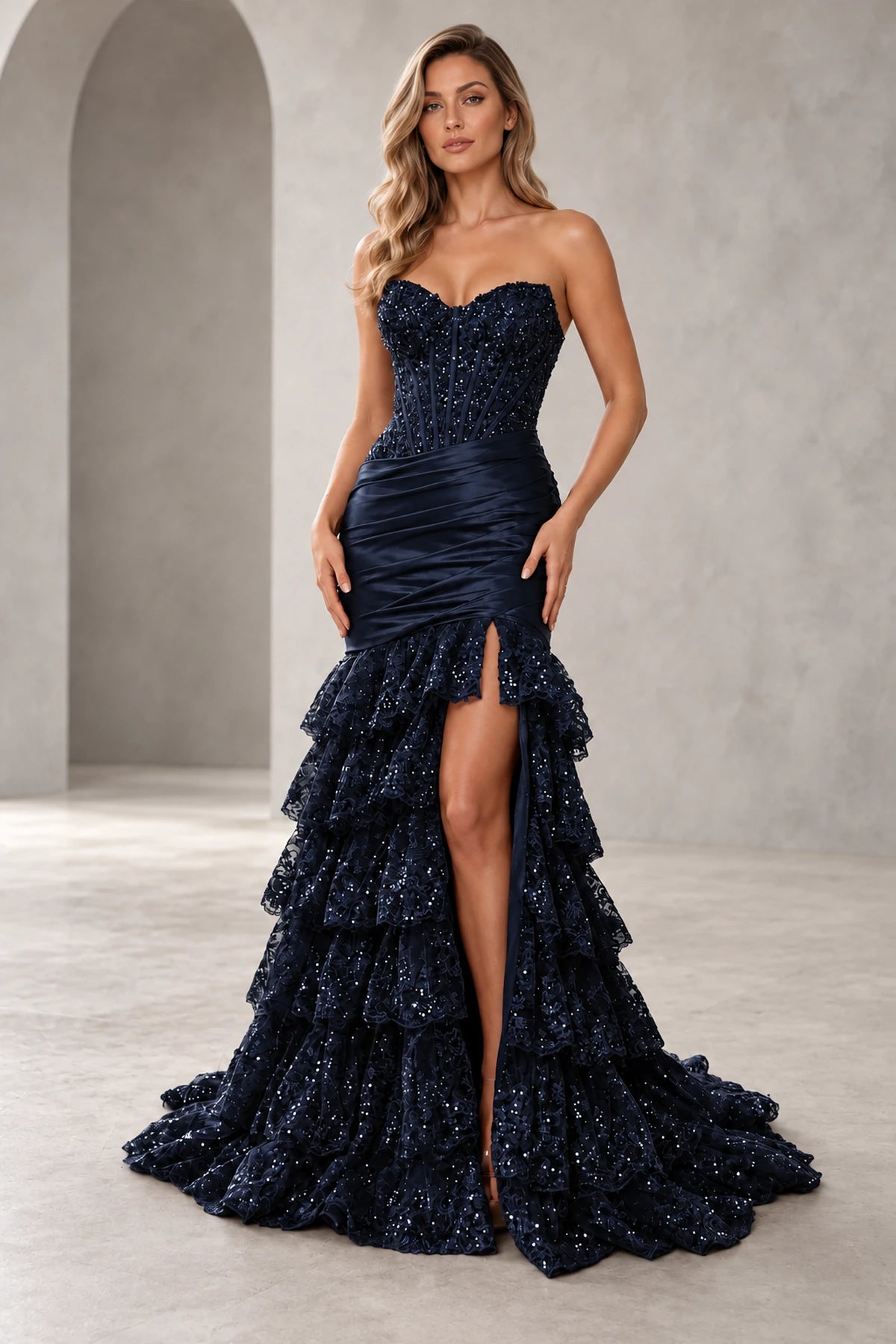 Glamorous Sequin Mermaid Sweetheart Strapless Corset Ruffle Prom Dress