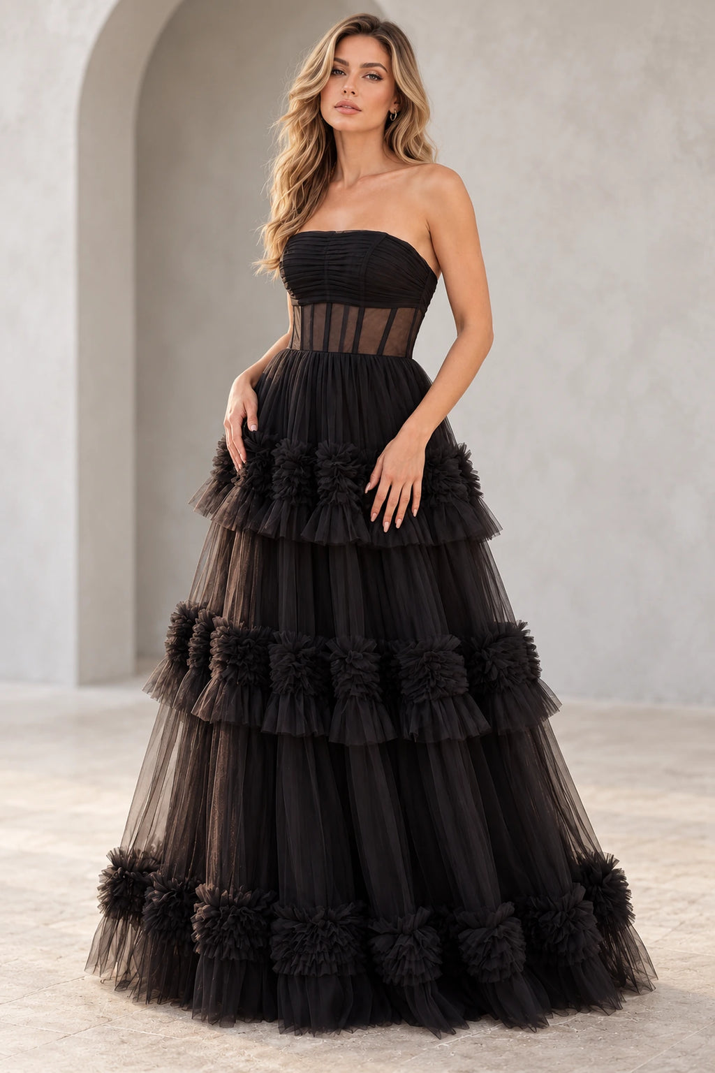 Dreamy Tulle A Line Straight Neck Strapless Tiered Long Prom Dress