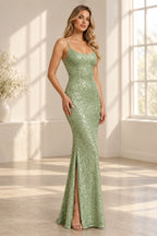 Elegant Sequin Sheath Scoop Neck Spaghetti Strap Open Back Long Prom Dress