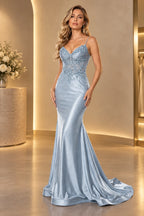 Elegant Satin Mermaid V-Neck Spaghetti Strap Lace-Up Back Long Prom Dress