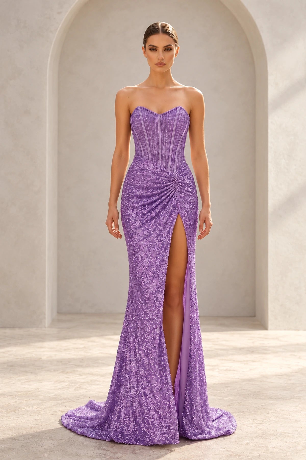Elegant Sequin Mermaid Sweetheart Strapless Corset Lace-Up Back Prom Dress
