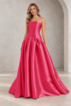 Romantic A Line Straight Neck Strapless Drop Waist Long Prom Dress