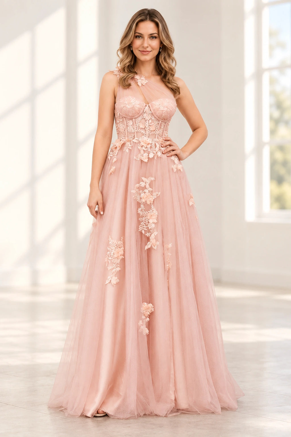 Romantic Tulle A Line Sweetheart One Shoulder Floral Long Prom Dress