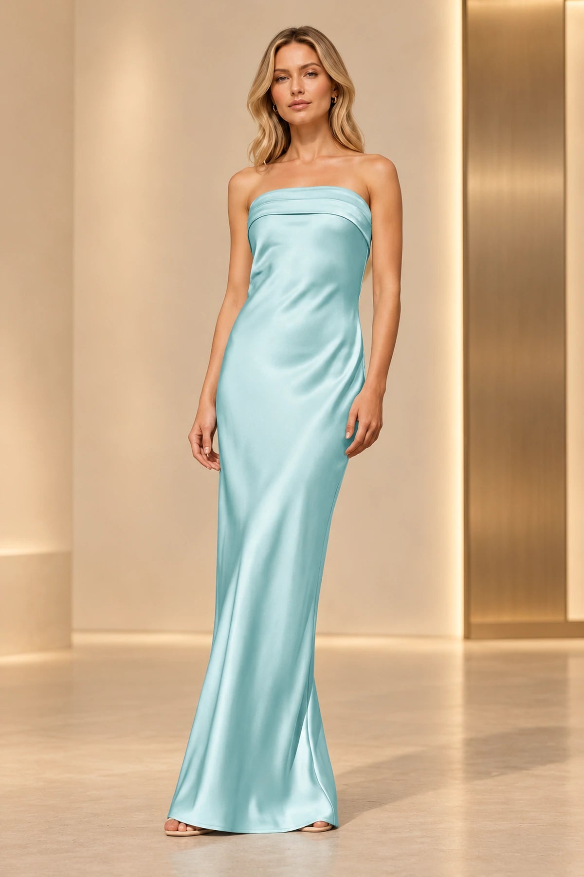 Sleek Satin Look Sheath Straight Neck Strapless Long Prom Dress