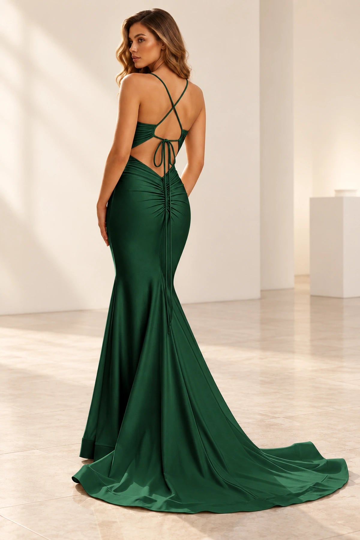 Elegant Satin Mermaid V-Neck Spaghetti Strap Crisscross Back Long Prom Dress
