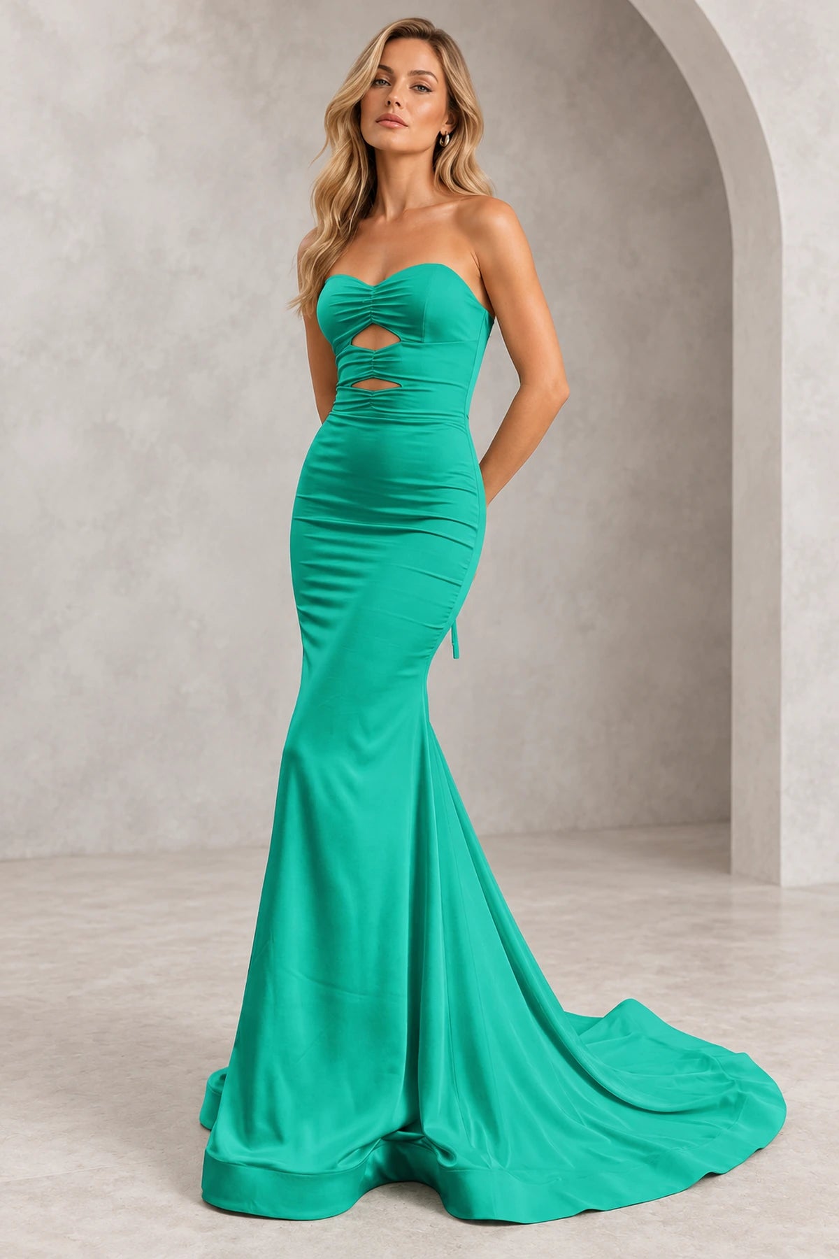 Elegant Satin Mermaid Strapless Cutout Lace-Up Back Long Prom Dress
