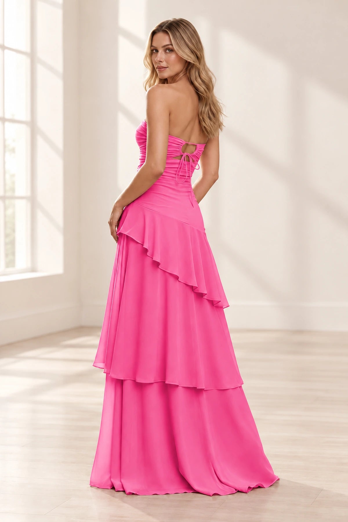 Elegant Chiffon A-Line Sweetheart Strapless Ruched Lace-Up Back Long Prom Dress