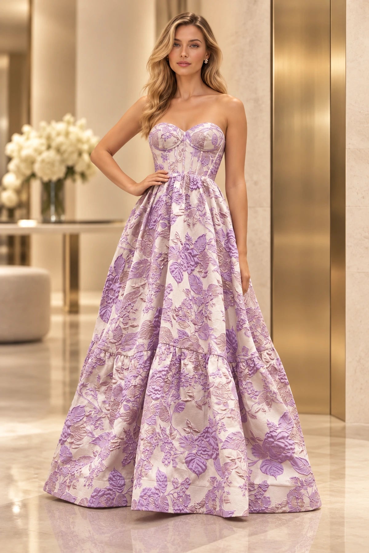 Elegant Floral Jacquard A-Line Sweetheart Strapless Lace-Up Back Long Prom Dress