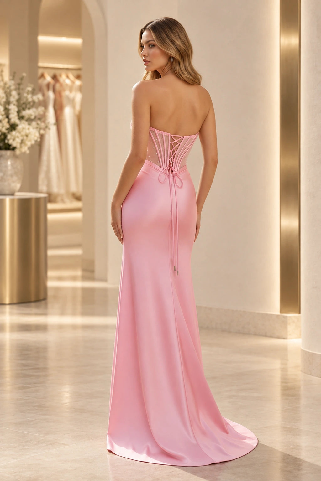 Elegant Satin Mermaid Sweetheart Strapless Corset Lace-Up Back Long Prom Dress