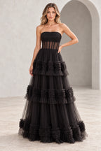 Dreamy Tulle A Line Straight Neck Strapless Tiered Long Prom Dress