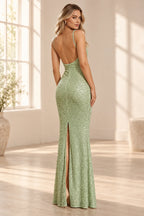 Elegant Sequin Sheath Scoop Neck Spaghetti Strap Open Back Long Prom Dress