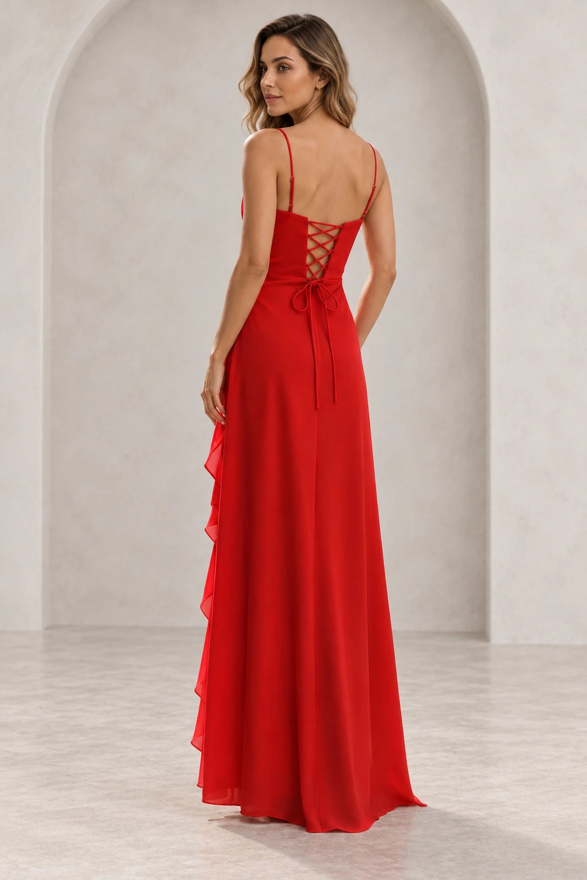 Elegant Chiffon A-Line Sweetheart Spaghetti Strap Lace-Up Back Long Prom Dress