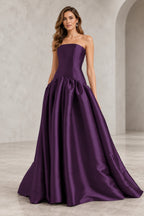 Romantic A Line Straight Neck Strapless Drop Waist Long Prom Dress