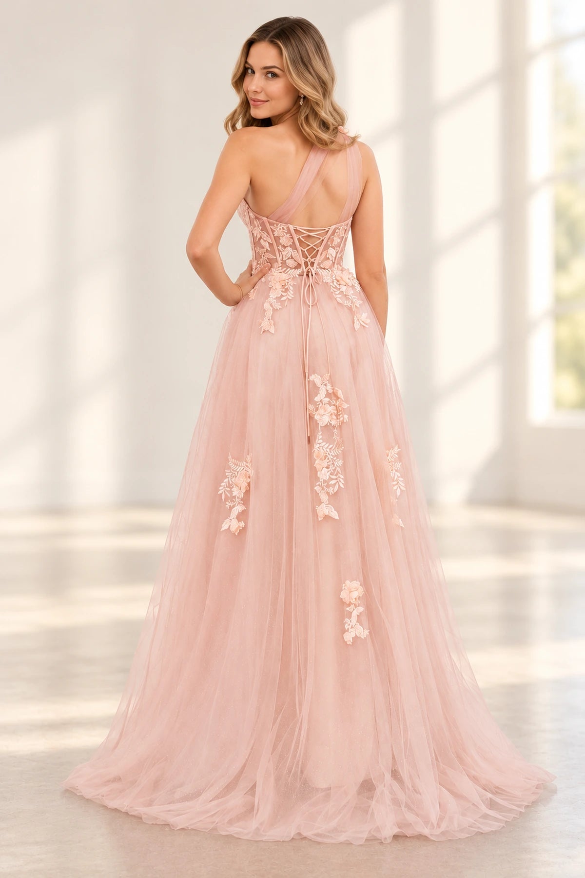 Romantic Tulle A Line Sweetheart One Shoulder Floral Long Prom Dress