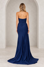 Radiant Satin Look Sheath Straight Neck Strapless Draped Long Prom Dress