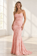 Elegant Floral Applique Mermaid Scoop Neck Spaghetti Strap Lace-Up Back Prom Dress