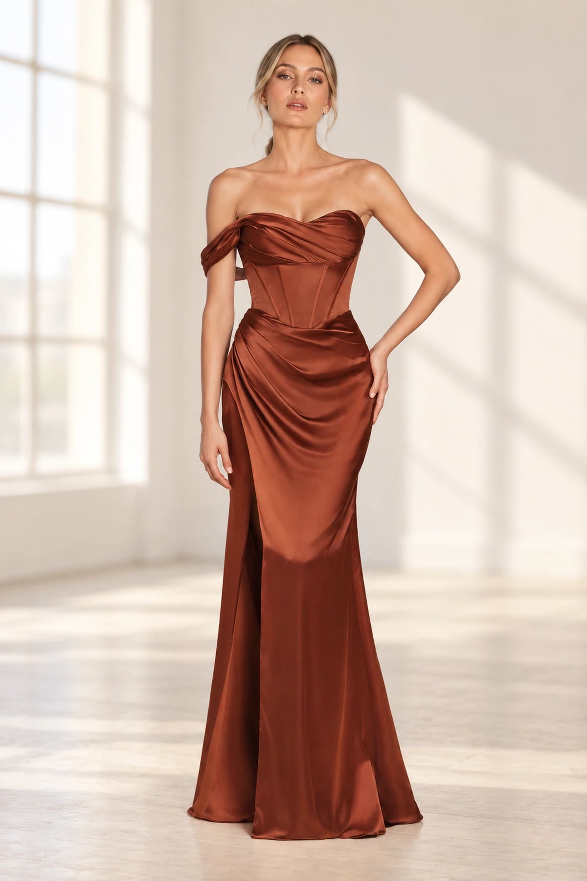 Refined Satin Look Sheath Sweetheart Asymmetric Drape Long Prom Dress