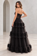 Dreamy Tulle A Line Straight Neck Strapless Tiered Long Prom Dress