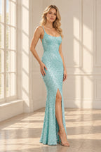 Elegant Sequin Sheath Scoop Neck Spaghetti Strap Open Back Long Prom Dress