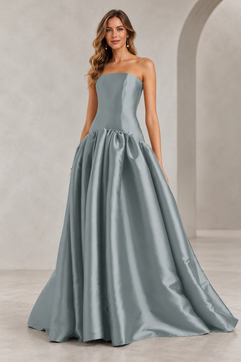 Romantic A Line Straight Neck Strapless Drop Waist Long Prom Dress
