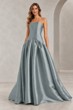 Romantic A Line Straight Neck Strapless Drop Waist Long Prom Dress