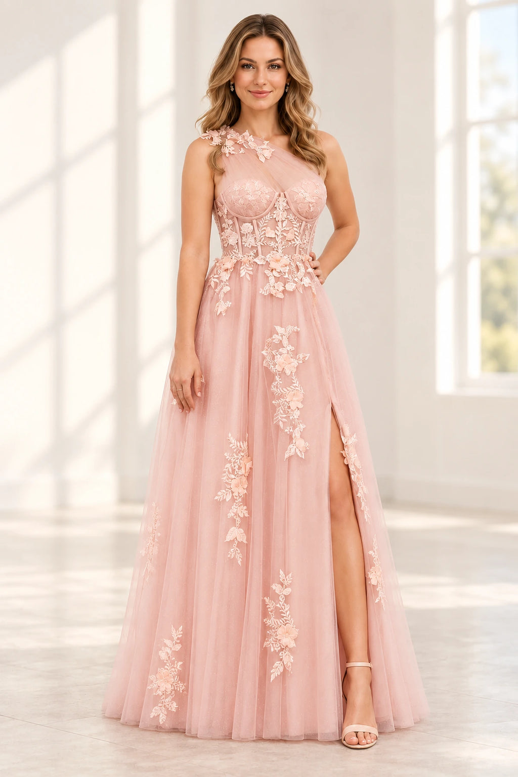 Romantic Tulle A Line Sweetheart One Shoulder Floral Long Prom Dress