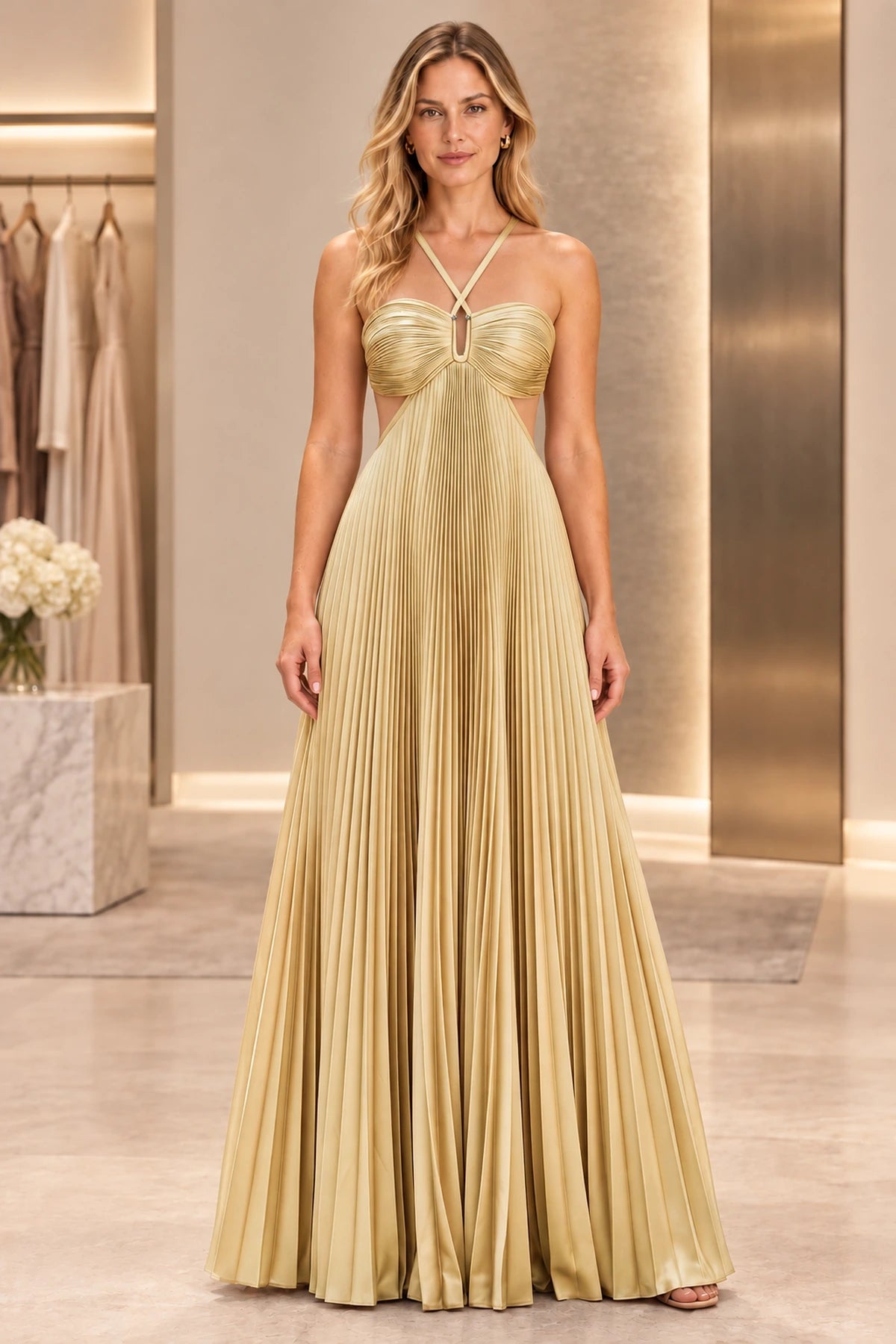 Elegant Satin A-Line Halter Sleeveless Tie-Back Floor-Length Prom Dress