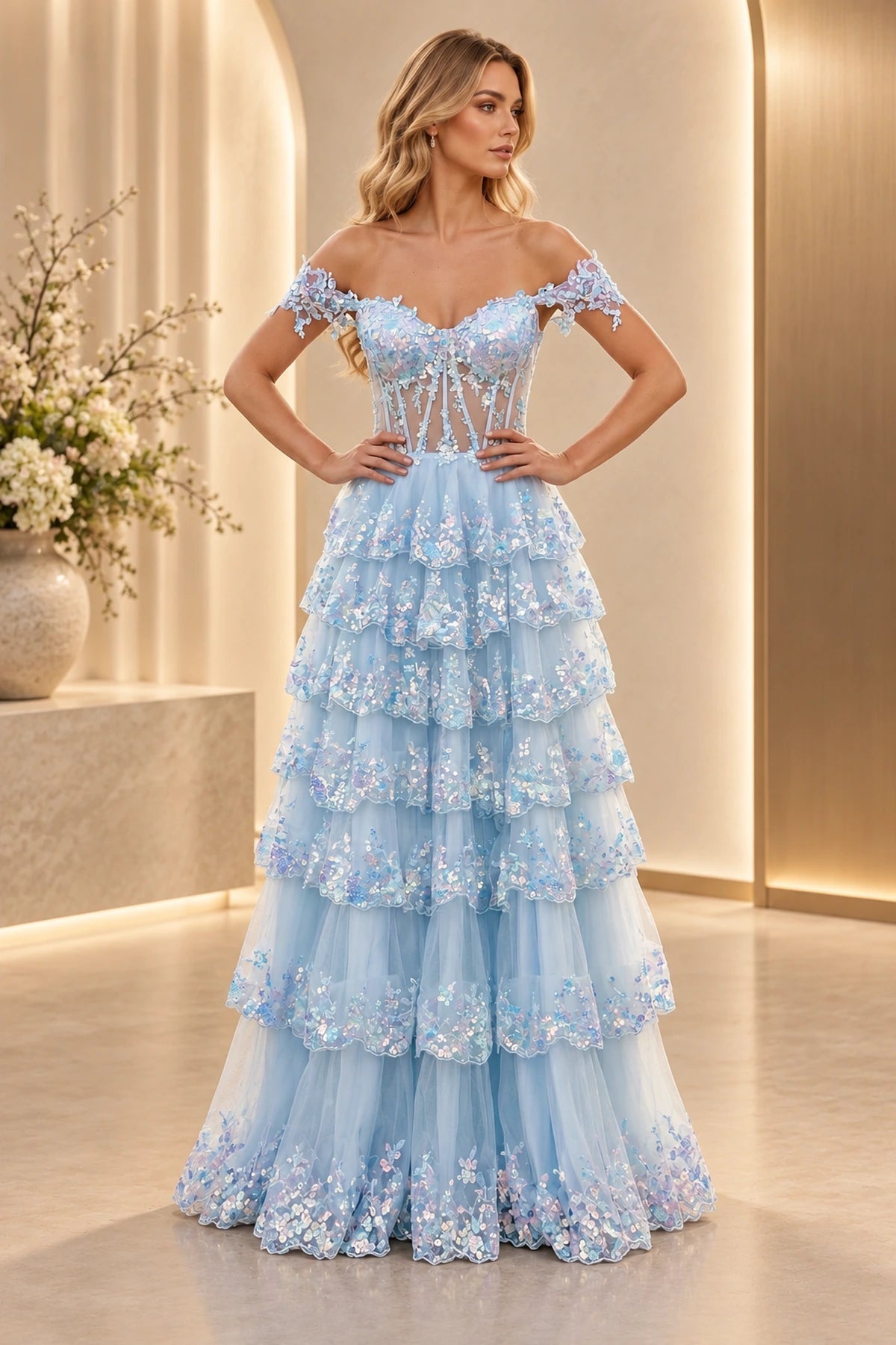 Romantic Tulle A Line Sweetheart Off Shoulder Tiered Long Prom Dress