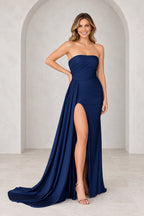 Radiant Satin Look Sheath Straight Neck Strapless Draped Long Prom Dress