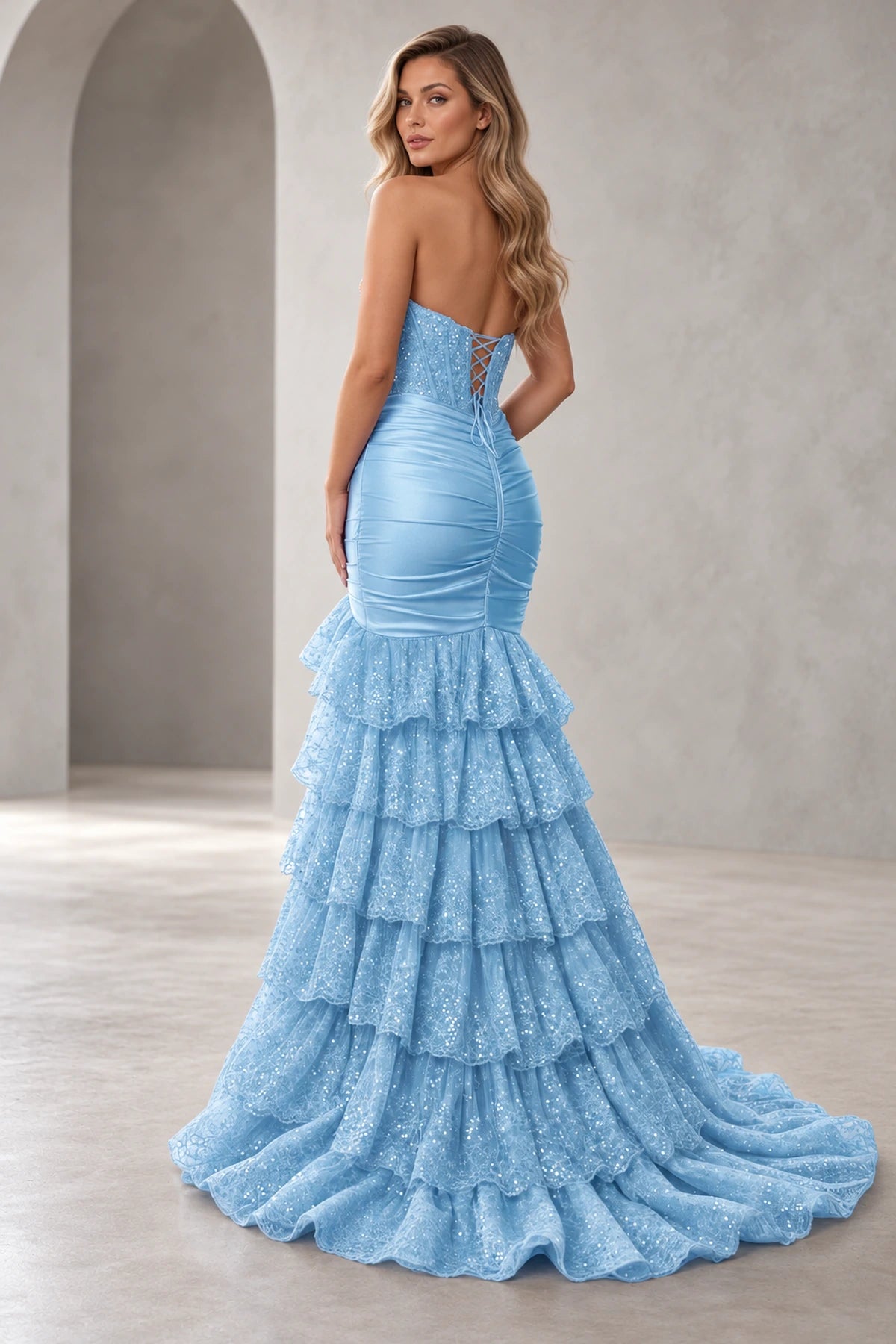 Glamorous Sequin Mermaid Sweetheart Strapless Corset Ruffle Prom Dress