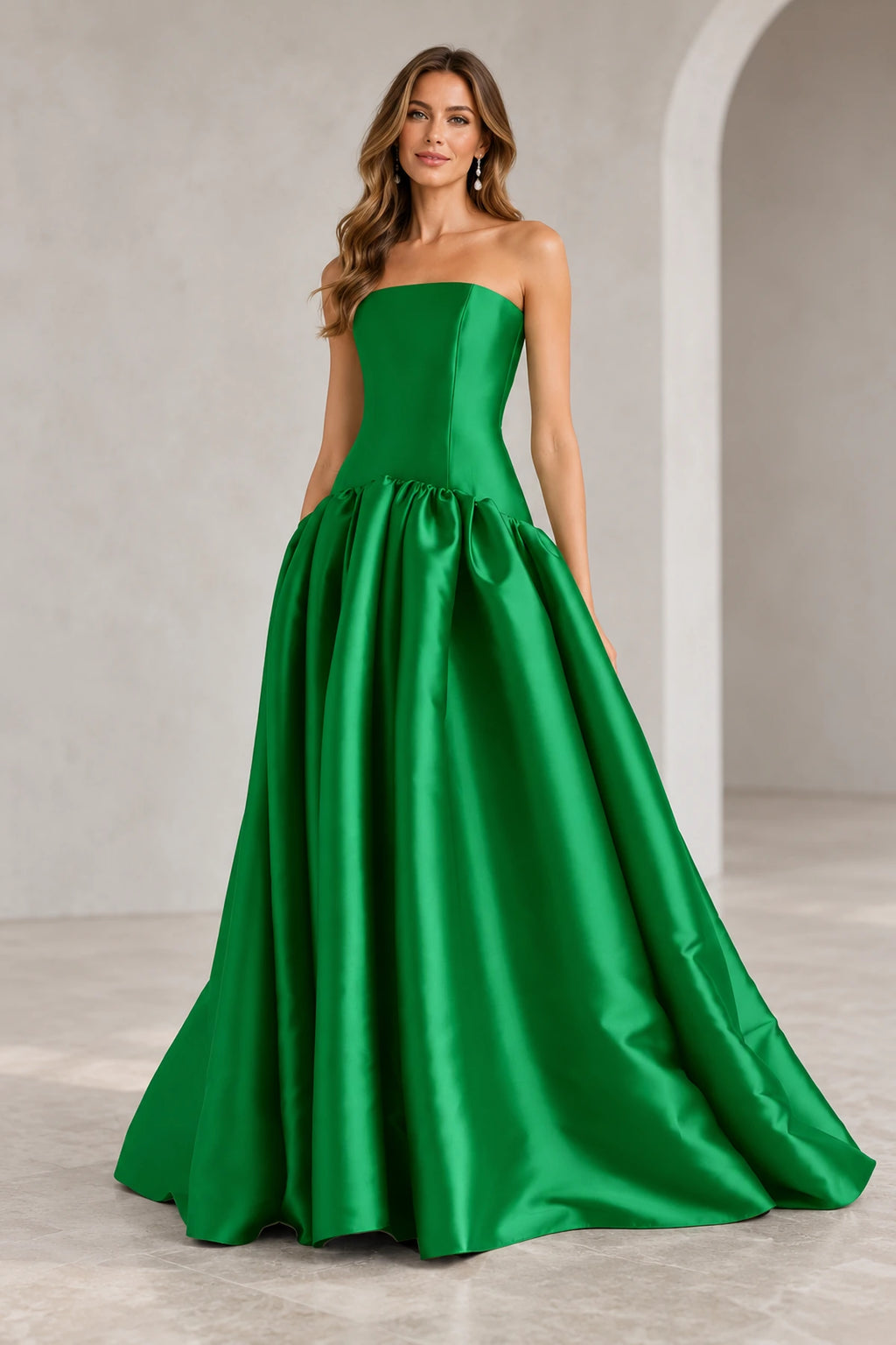 Romantic A Line Straight Neck Strapless Drop Waist Long Prom Dress