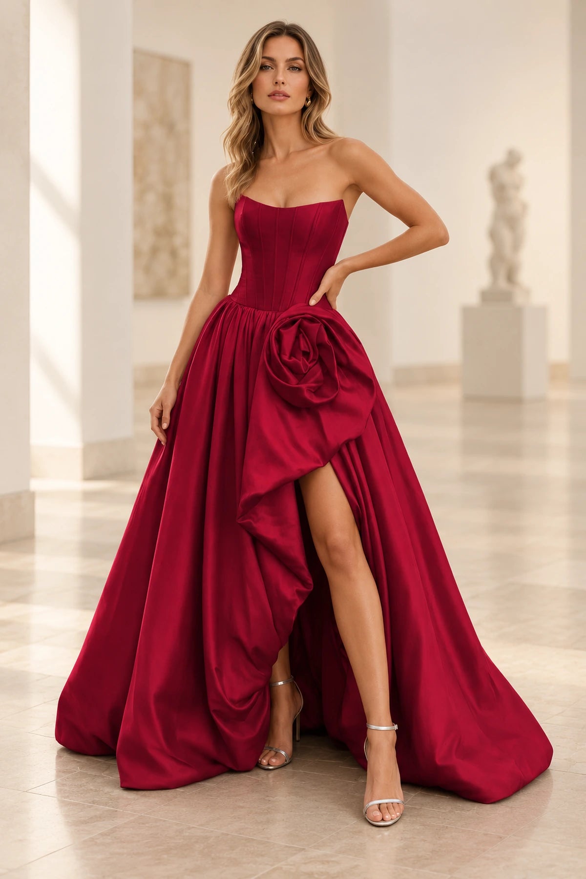 Dramatic Satin A Line Scoop Neck Strapless Long Prom Dress