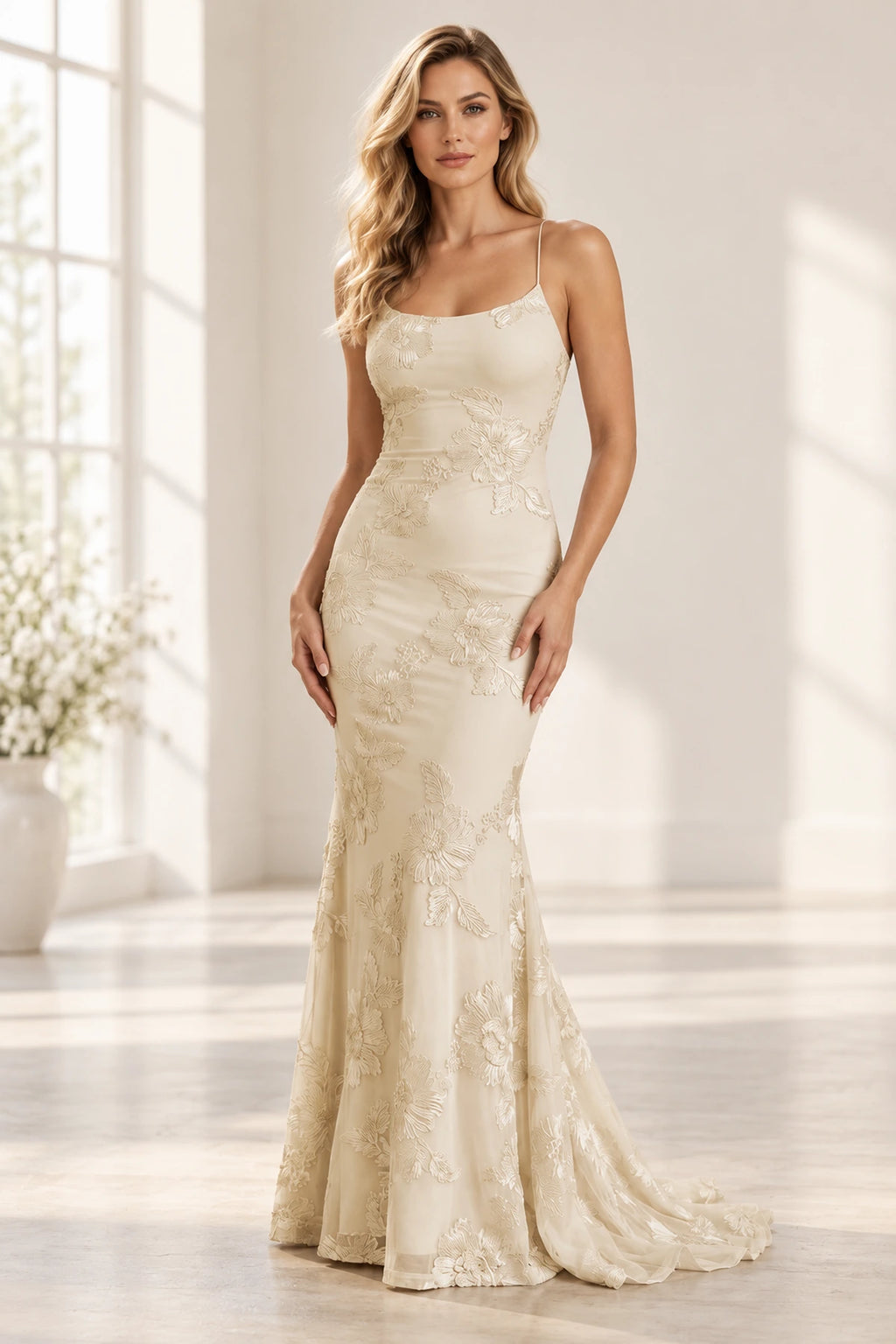 Elegant Floral Applique Mermaid Scoop Neck Spaghetti Strap Lace-Up Back Prom Dress